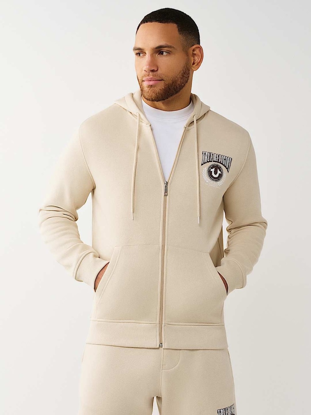 True Religion Cream Full-Zip Hooded Sweatshirt with Chest Patch